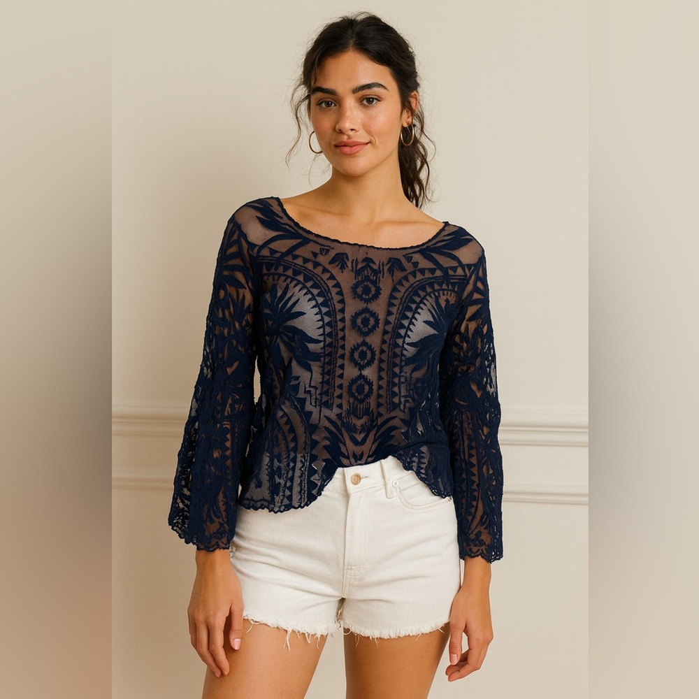 Xhilaration Navy Sheer Lace Blouse